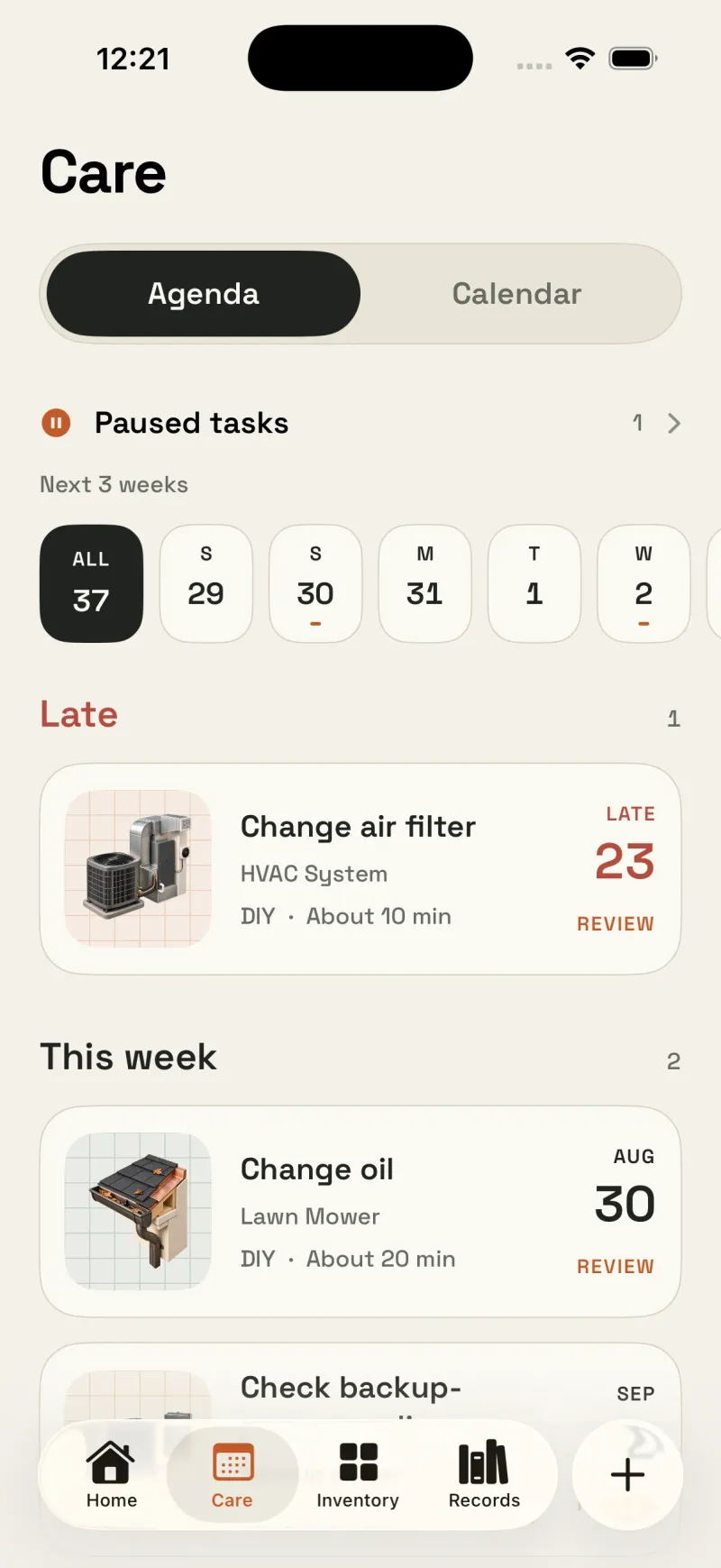 Housetto maintenance schedule showing late, upcoming, and paused home care tasks