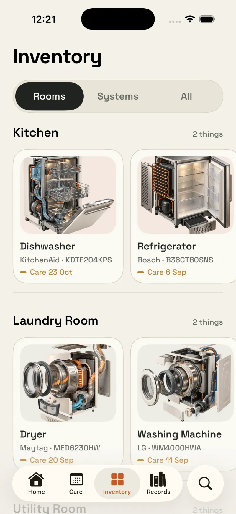 Housetto appliance inventory organized by kitchen, laundry room, and home systems