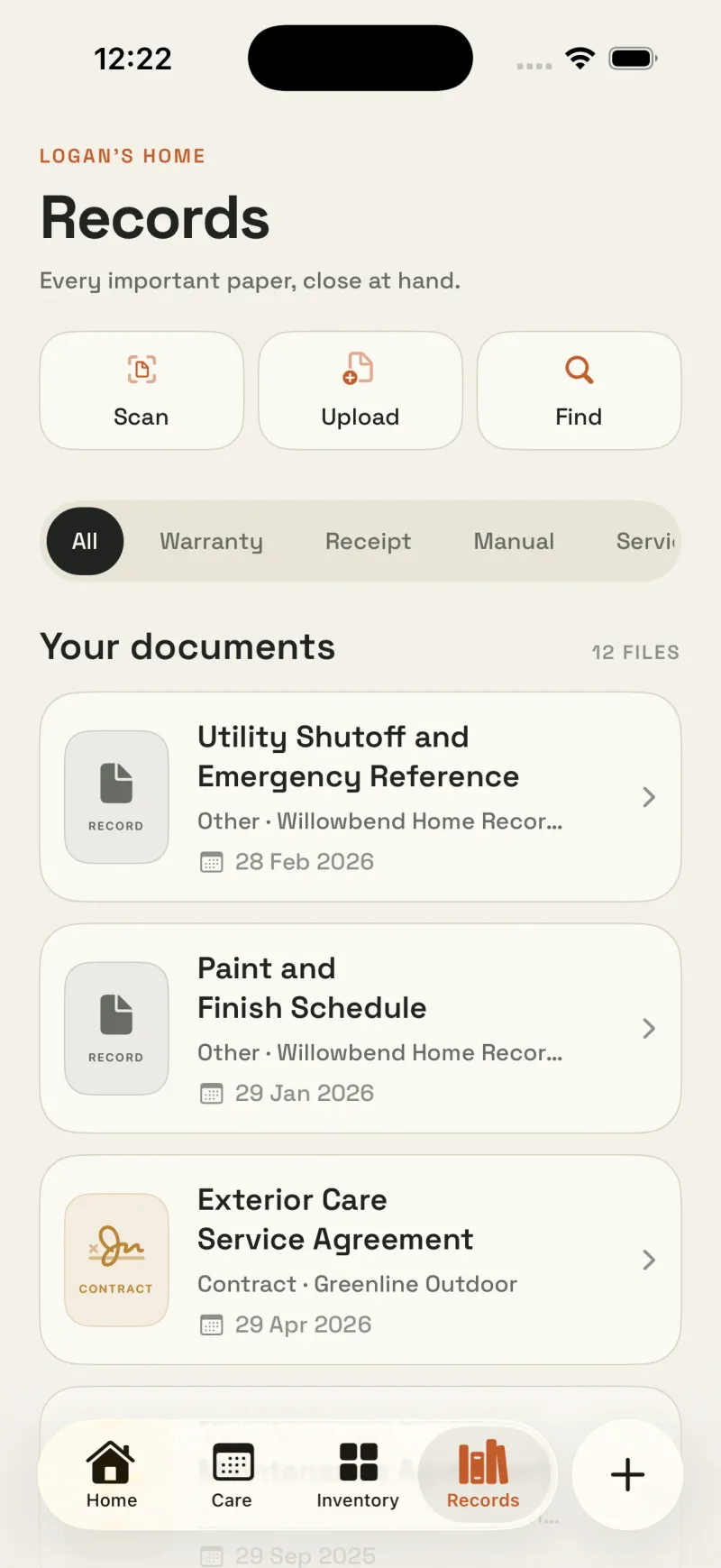 Housetto searchable home document archive with scan, upload, warranty, receipt, and manual filters