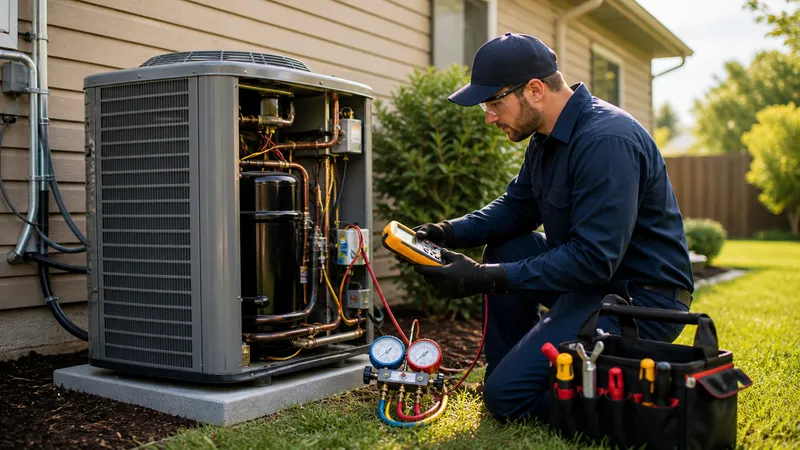 Technician's gauges connected to the copper service ports on an outdoor AC compressor unit with the access panel removed.