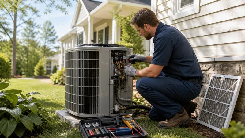HVAC technician kneeling beside an open outdoor condenser unit, using a multimeter to test electrical components.