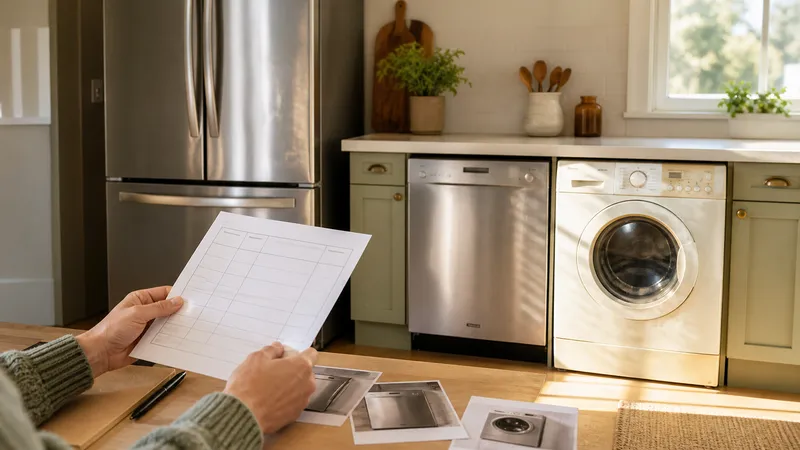 Homeowner comparing model-label photos of a refrigerator, dishwasher, and washing machine spread across a kitchen counter.