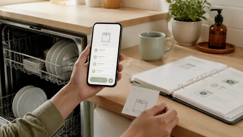 Close-up of a smartphone showing an appliance record with a model number, serial number, and filter size field, held next to an open dishwasher door.