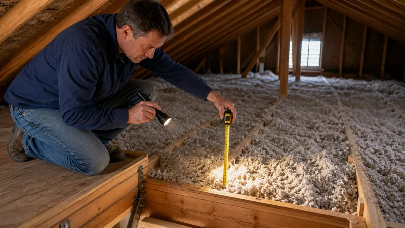 Homeowner kneeling at an attic hatch with a flashlight and tape measure, checking insulation depth against exposed floor joists.