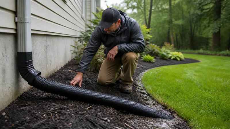 Homeowner in a yard checking a downspout extension where it meets the ground, several feet away from the house foundation.