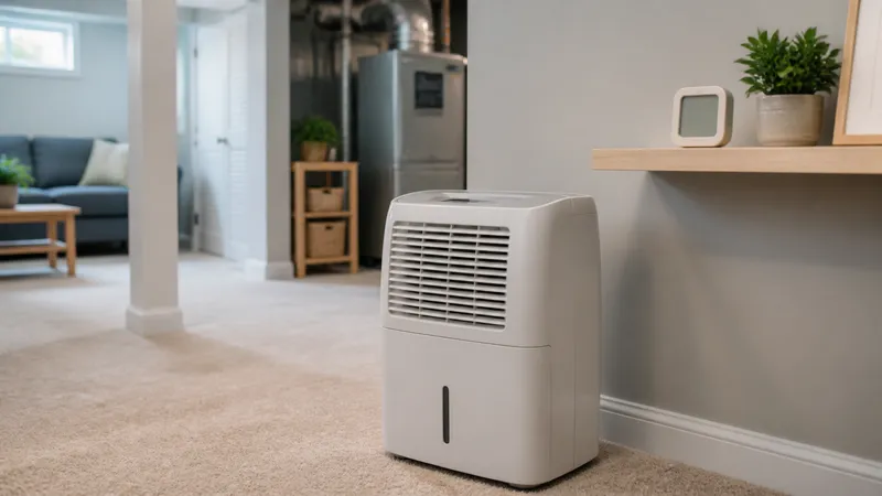 Portable dehumidifier running in a basement with its digital humidity dial visible, set next to a small hygrometer on a shelf.