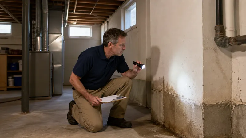 Home inspector kneeling beside an open electrical panel with a flashlight, writing notes on a clipboard during a walkthrough.