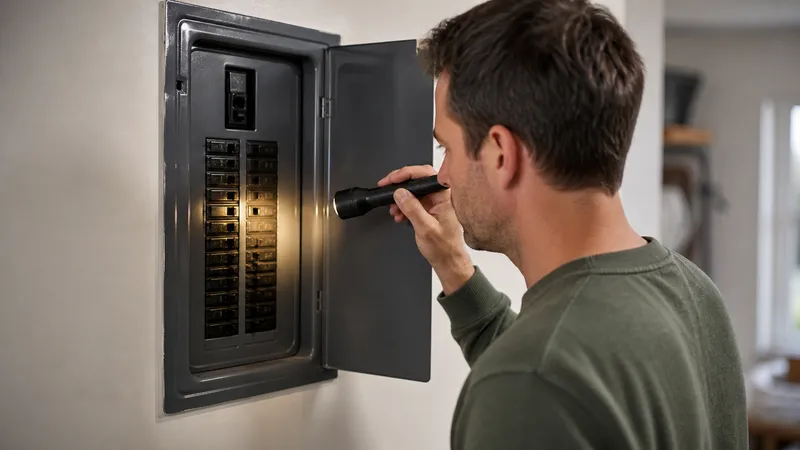 Homeowner with a flashlight opening an electrical panel door to check a tripped breaker switch.