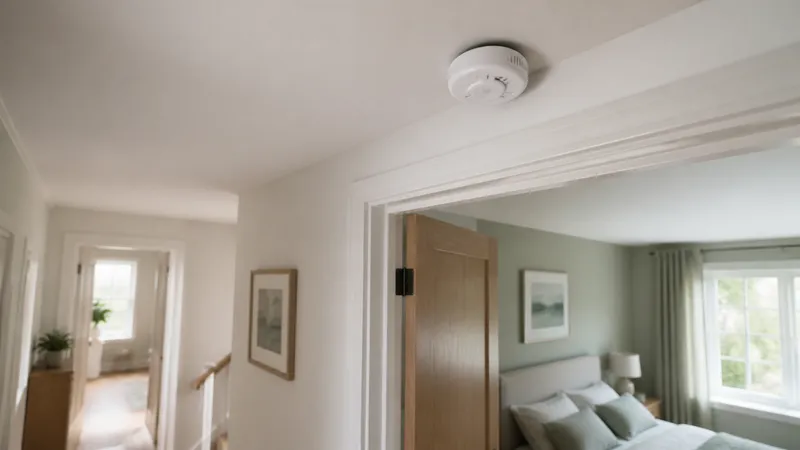 Hallway ceiling with a carbon monoxide alarm mounted near a bedroom door outside a sleeping area.