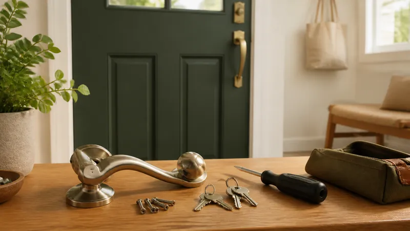 Locksmith rekeying a front door deadbolt with a pin kit and screwdriver on a new homeowner's porch.