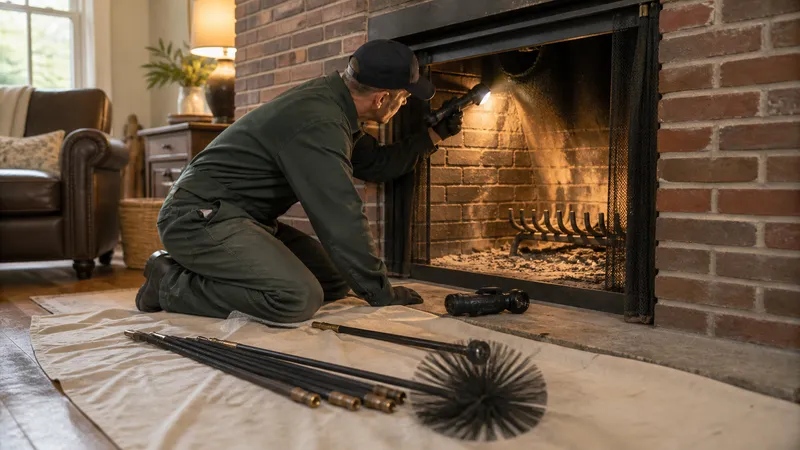 CSIA-certified chimney sweep inspecting a masonry fireplace flue with a flashlight and brush rods laid out nearby.