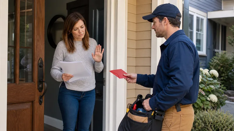 Homeowner on a porch looking skeptically at a contractor's unmarked truck and a clipboard contract before signing.