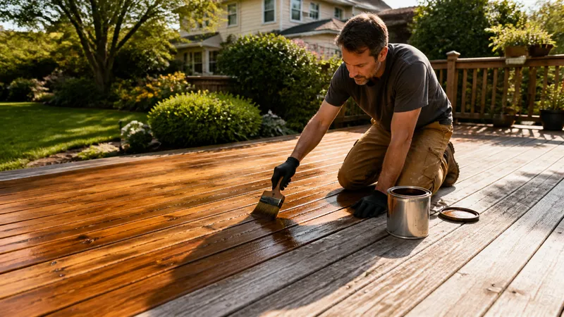 Homeowner kneeling on a wood deck applying stain with a brush next to an open can of deck sealer.
