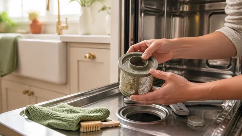Hand lifting a round twist-lock dishwasher filter out of the tub, with visible food residue caught in the mesh.