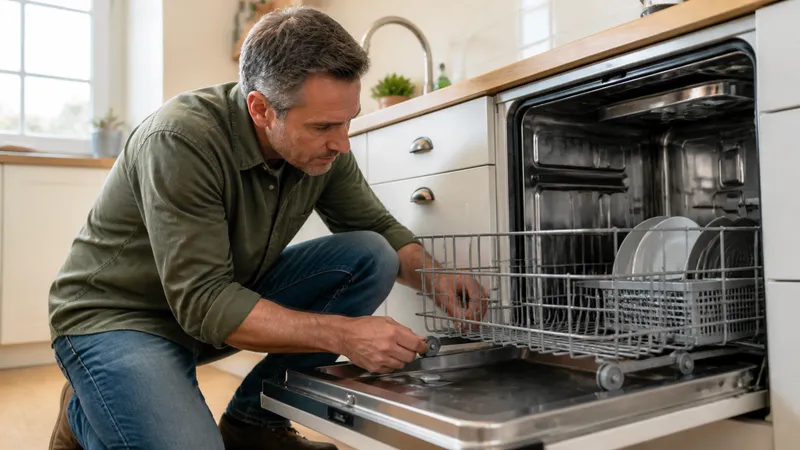 Homeowner crouched at an open dishwasher door inspecting the lower rack and tub for wear on an older stainless model.
