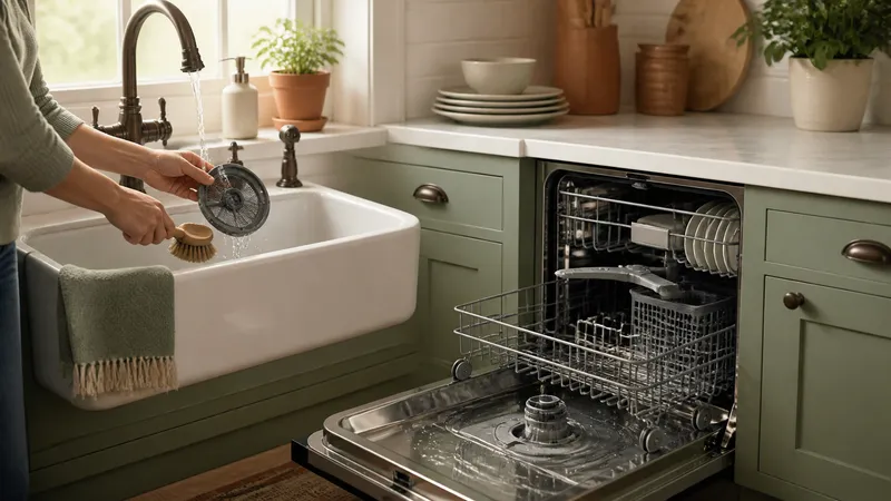 Homeowner lifting the round filter basket out of an open dishwasher tub to rinse it at the sink.