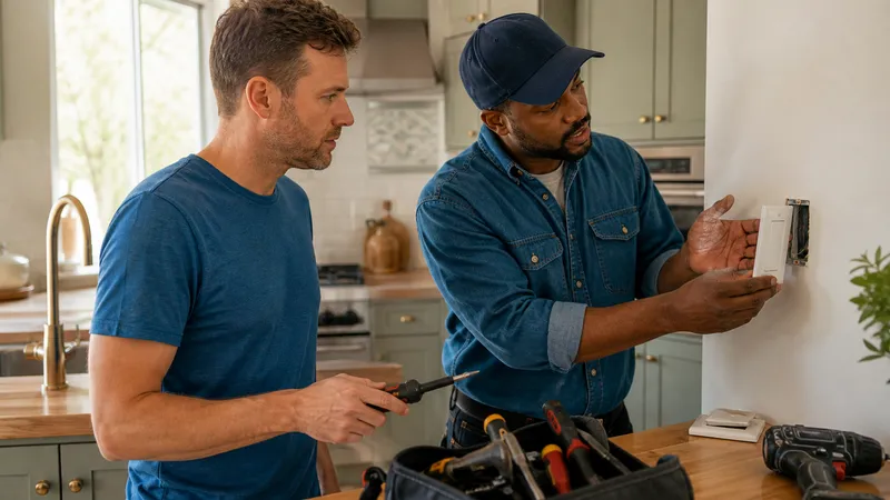 Homeowner at a workbench weighing a caulking gun in one hand and a contractor's business card in the other.