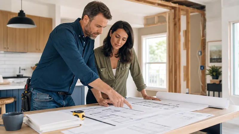 Homeowner and contractor reviewing a rolled-out renovation permit application on a kitchen counter next to a laptop.