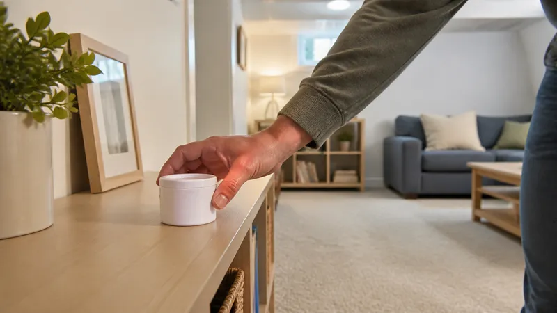 Homeowner placing a small radon test kit canister on a shelf in a finished basement room.