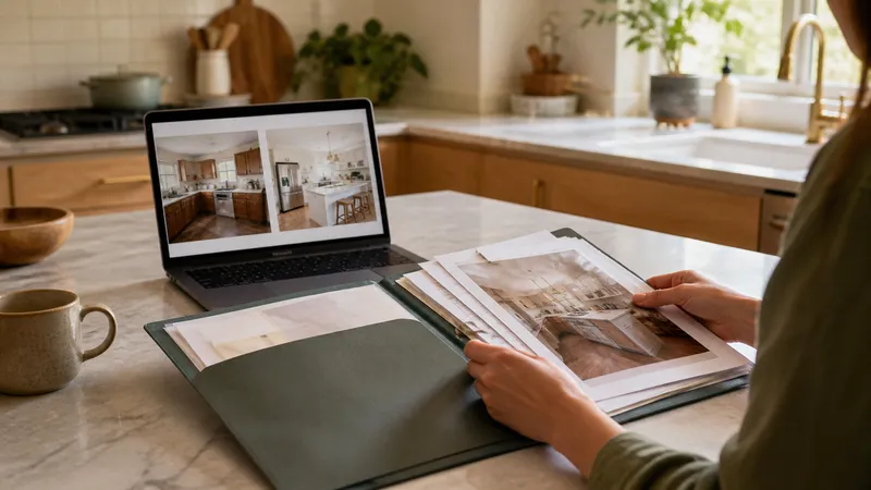 Homeowner organizing contractor invoices and a permit printout in a folder next to a laptop showing before-and-after kitchen photos.
