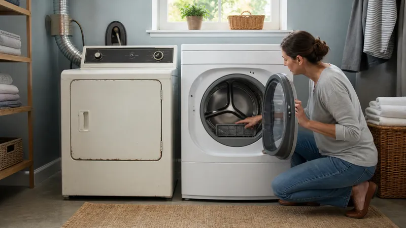 Side-by-side gas and electric dryers in a laundry room with an open door showing the drum and heating element access panel.