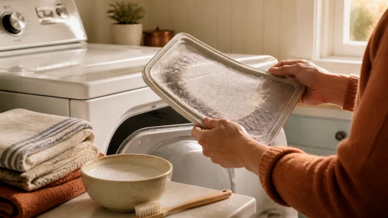 Close-up of a homeowner pulling a lint-covered dryer screen out of its slot above an open dryer door.