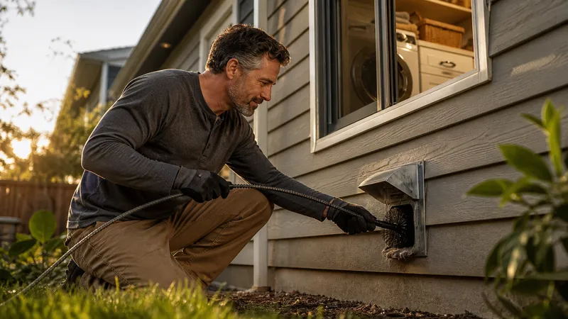 Homeowner kneeling outside a house using a long vent brush to clear lint from an exterior dryer duct hood.