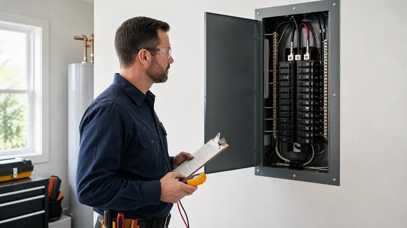 Electrician with a clipboard and multimeter standing in front of an open electrical panel during a home inspection.