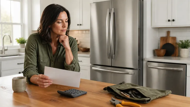 Homeowner reading an extended warranty brochure at a checkout counter next to a new washing machine.