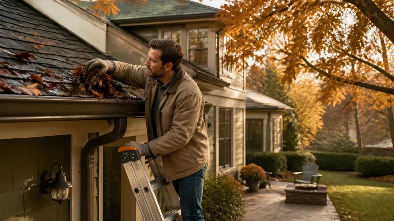 Homeowner wearing a jacket cleaning gutters from a safe low-ladder position in autumn, leaves on the ground below.