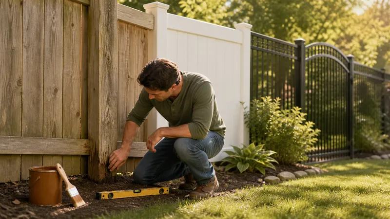 Homeowner checking a wood fence post base for rot next to a can of fence stain and a level.