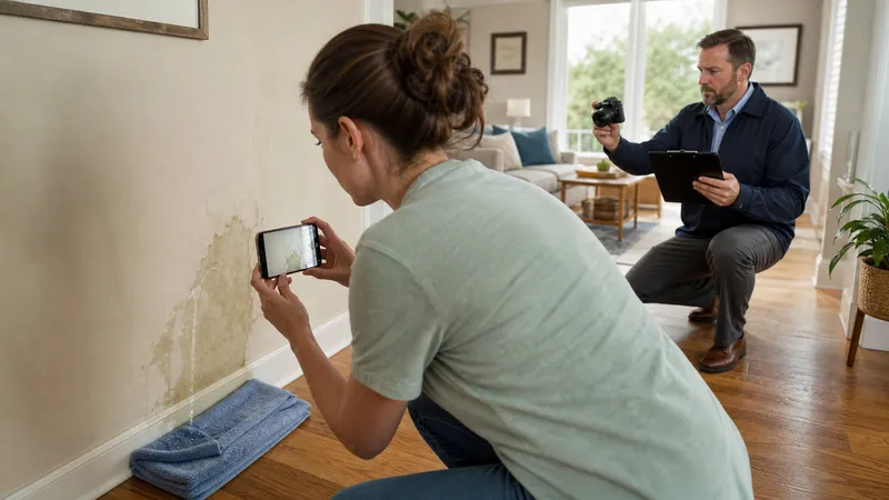 A homeowner photographing a water-stained ceiling with a phone before calling their insurance company to start a claim.
