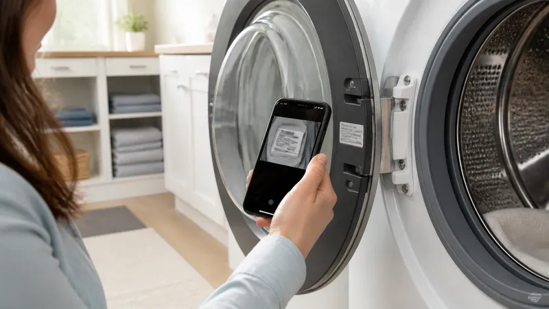 Homeowner using a phone camera to photograph a washing machine's model and serial number label inside the door frame.
