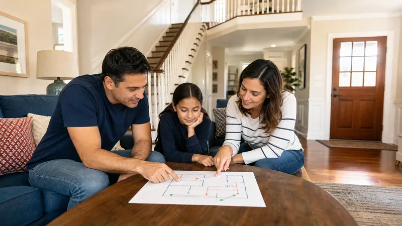 Family practicing a fire escape drill, one adult helping a child down a collapsible escape ladder from a second-story window.