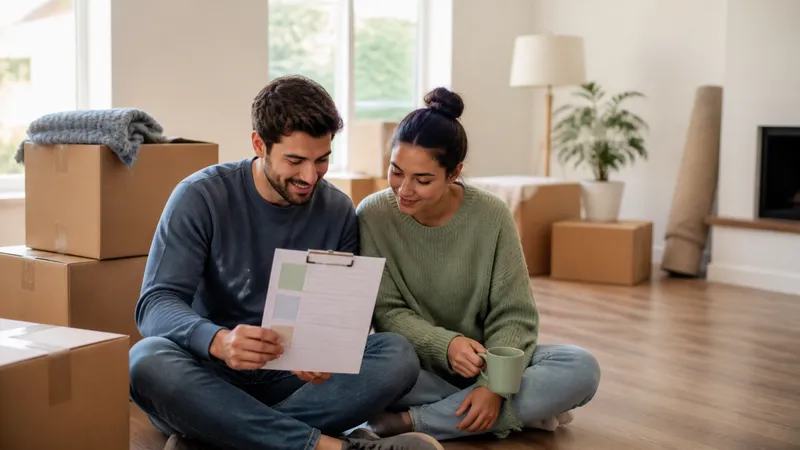 New homeowners sitting on the floor of an empty living room surrounded by moving boxes, reviewing a printed checklist.