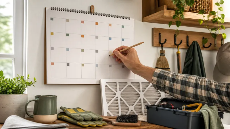 Wall calendar in a home office marked with monthly maintenance reminders next to a toolbox and an HVAC filter.