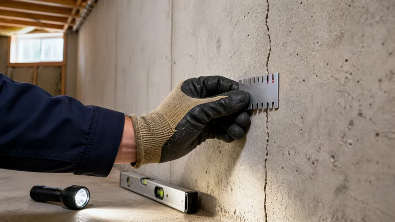 Homeowner crouched beside a basement foundation wall, holding a tape measure up to a vertical crack in the concrete.