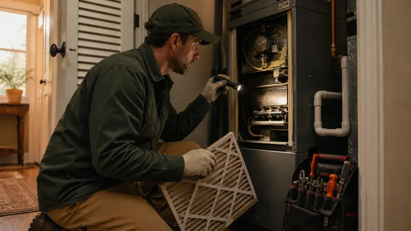 Technician kneeling beside an open gas furnace cabinet inspecting the burner assembly with a flashlight.