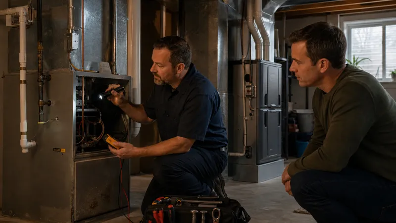 Technician and homeowner reviewing a furnace replacement quote beside an open utility closet furnace.