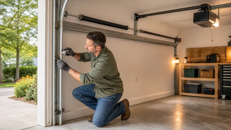 Homeowner in a garage kneeling beside an open garage door track, applying lubricant to a roller with the torsion spring visible overhead.