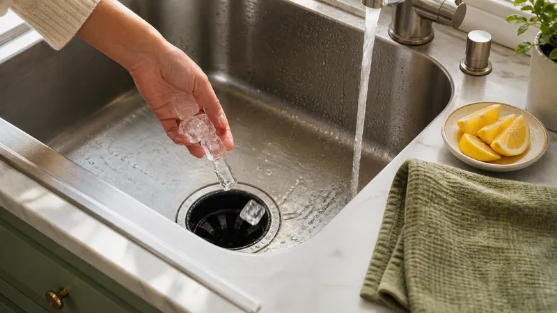 Homeowner's hand dropping ice cubes into a kitchen sink garbage disposal opening with cold water running.
