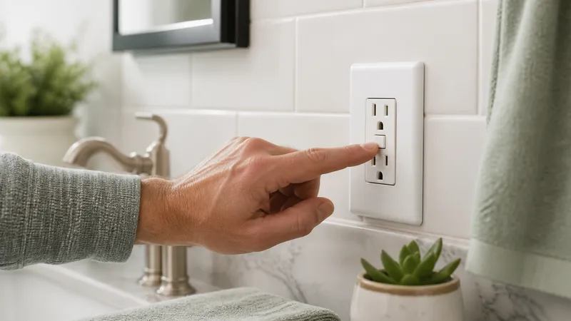 Close-up of a hand pressing the reset button on a bathroom GFCI outlet with the test button visible beside it.
