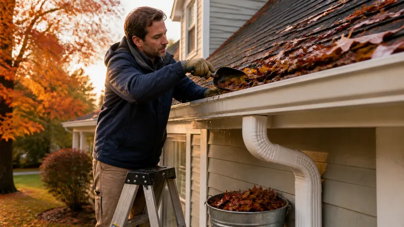 Homeowner on a stable low ladder scooping wet leaves out of a gutter with gloved hands, downspout visible below.