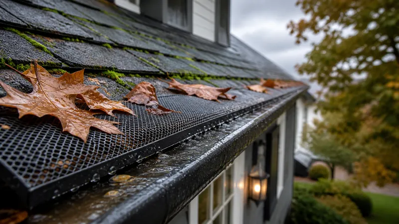 Close-up of a mesh gutter guard installed over an aluminum gutter, with leaves collected on top of the screen instead of inside the trough.