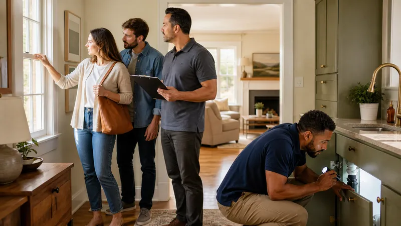 First-time homebuyer walking through a kitchen with a clipboard, checking under the sink and opening cabinets during a showing.