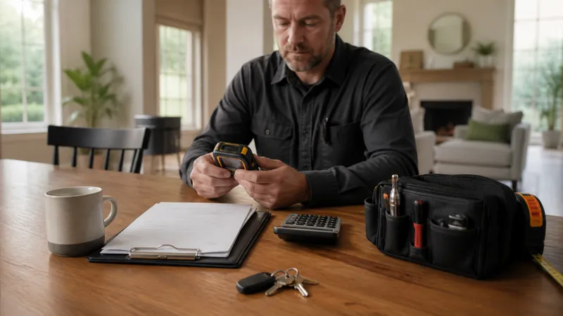 Home inspector and buyer reviewing a printed cost estimate on a clipboard outside a house, with a ladder leaning against the roofline.