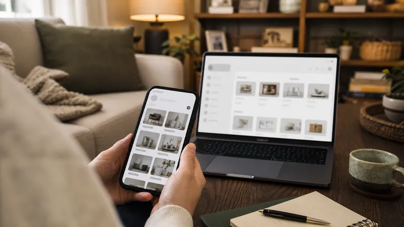 Phone screen showing a home inventory app with photos and item details for a living room, next to a laptop with a spreadsheet open.