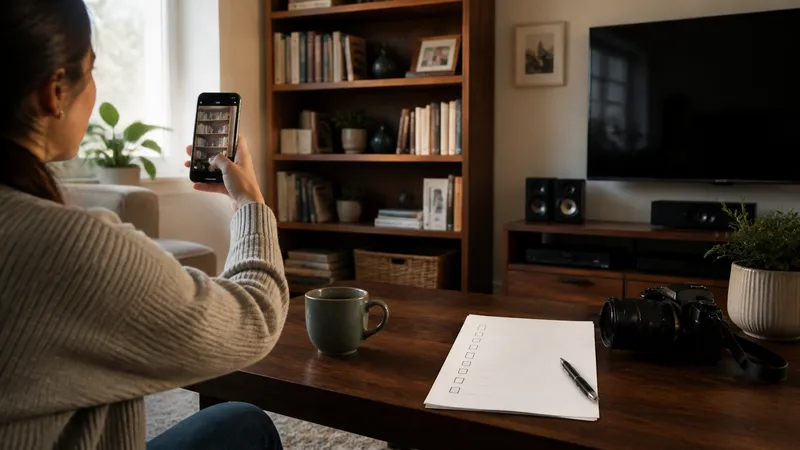 Homeowner in a living room photographing a bookshelf and electronics on a phone, with a printed checklist on the coffee table.