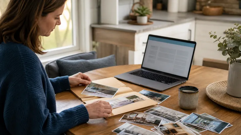Homeowner at a kitchen table reviewing an insurance claim form alongside a printed inventory list and photos on a laptop screen.