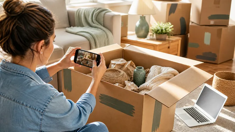 Homeowner photographing labeled moving boxes stacked in a living room, with a laptop open to a spreadsheet nearby.